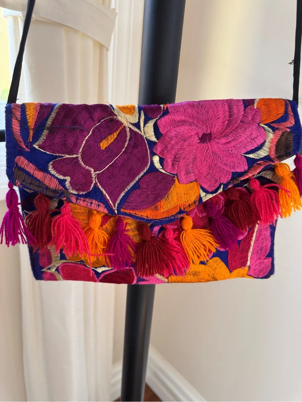 Woman Purse Vibrant Floral Tassel Crossbody Bag Fuchsia Orange Colorful Mexico